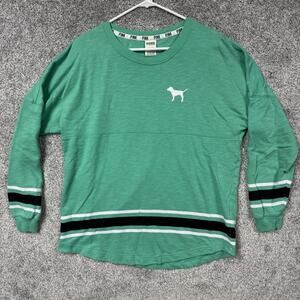 PINK Victoria's Secret Shirt Sz L Green Jersey Striped Varsity 86 Retro Sporty